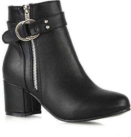 ESSEX GLAM Womens Ankle Boots Block Low Mid Heel Ladies Zip Buckle Strap Smart Booties Shoes Black Synthetic Leather