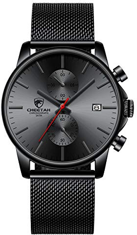 Herrenuhr Mode Sport Quarz Analog Mesh Edelstahl wasserdichte Chronographenuhren, Auto Date in roten Zeigern, Farbe: Schwarz