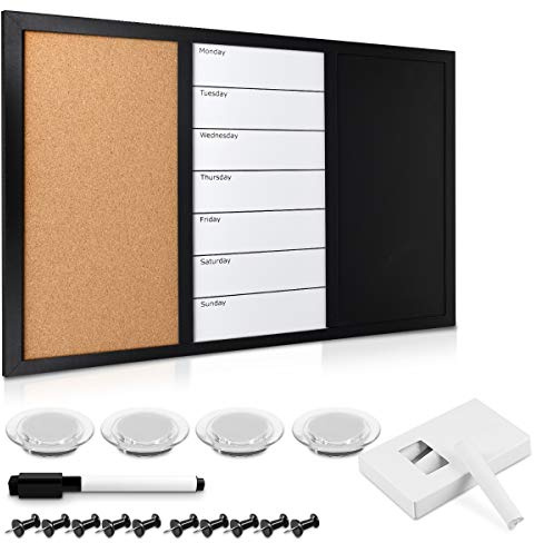Navaris Combination Board Cork/Whiteboard/Chalkboard - 24 x 36 inches Combo Bulletin Magnetic Dry Erase Chalk Board Weekly Planner Message Organizer