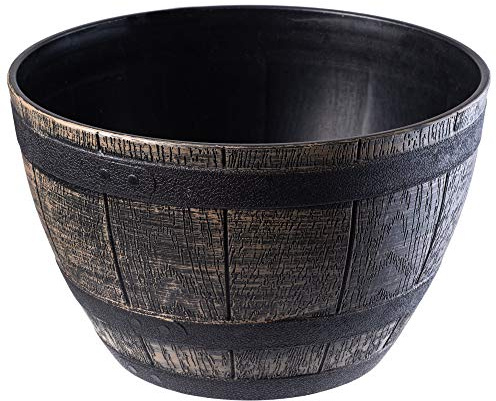 KADAX Pflanztopf im Holzfass-Design, ø 33 cm, aus wetterfestem Kunststoff, für Garten, Terrasse & Balkon, dekorativer Blumentopf, Blumenkübel oder Übertopf, Dunkelbraun, Teich mit Wassereimer