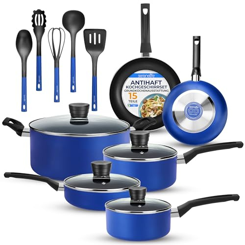 SereneLife Non Stick Pots and Pans Set 15 Piece- Blue, Induction Hob Cookware Set with Glass Lids, Frying Pans, Saucepans and Kitchen Utensils, Dishwasher and Oven Safe, Gas Ceramic Compatible
