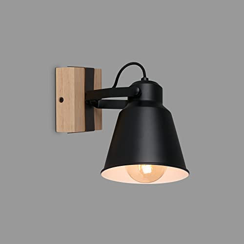 Briloner - Lampada da parete in legno, applique, stile vintage, con 1 lampadina, attacco E27, max. 40 Watt, paralume regolabile, stile rustico, colore: nero