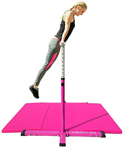 Athletic Bar Gymnastics Training Bar with 6'x4' Gymnastics Tumble Mat Set, Height Adjustable 3 to 5 FT Horizontal Kip Bar for Kids Junior Gymnasts, Expandable Gymnastic Bar Home Gym Equipment Pink