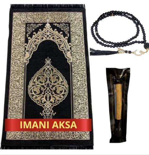 Imani Aksa Presentask muslimska presenter med bönmatta, misvak och bönkedja – seccade – bönmatta – rayer rug– sajadah- islamisk-Namaz– Janamaz– islam (svart)