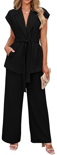 PRETTYGARDEN Women Summer Outfits 2025 Trendy Tank Tops Flowy Long Blazer Pant Suit 2 Piece Fashion Wedding Club Outfit(Solid Black,Medium)