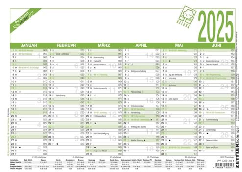 Zettler - Arbeitstagekalender 2025 Recycling, 29,7x21cm, Plakatkalender mit 6 Monaten auf 1 Seite, Mondphasen, Arbeitstage-, Tages- und Wochenzählung, Ferientermine und deutsches Kalendarium
