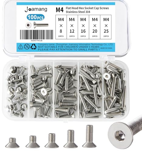Joamang M4 x 8mm 12mm 16mm 20mm 25mm Flat Head Hex Socket Cap Screws Countersunk Bolts, Stainless Steel 304, Metric Allen Hex Drive, Bright Finish, Fully Threaded, Assortment Kit 100PCS