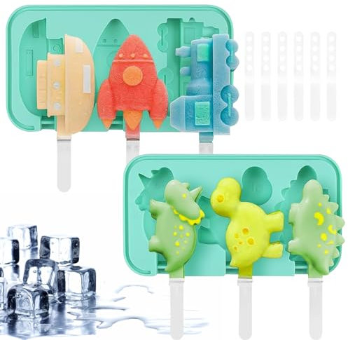 Stampi per Ghiaccioli, Riutilizzabili Stampo Silicone Gelati, Ghiaccioli Stampo con Coperchio e Bastoncini, Formine Ghiaccioli per Bambini Adulti (Dinosauri +Mare Terra Aria)