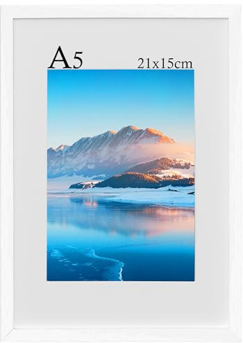 A5 Frame, 21x14.8 cm Wooden A5 Photo Frames, A5 Picture Frames with Mount, Black Picture Frames for A5 Print, Certificate Frame for Wall Mount, For Table Decoration，White