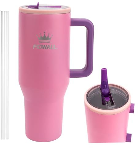 FIDWALL 40oz Gobelet Isotherme en Acier Inoxydable Étanche avec Poignée, Couvercle avec Paille Rabattable, Sous-Verre en Silicone Anti-Bruit avec Paille, pour Bureau, Gym (Violet pastel)
