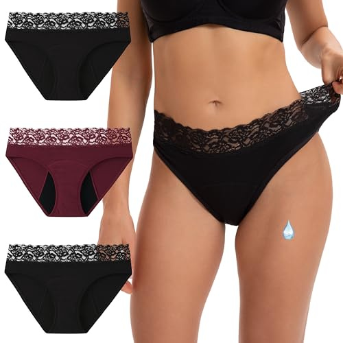 INNERSY Period Pants for Women Menstrual Underwear, 8, 2 Black/1 Burgundy