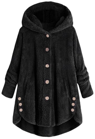 Chaqueta de invierno con capucha para mujer, talla grande, con botones, de felpa, con capucha, holgada, abrigo de lana, chaqueta de invierno, ropa de talla grande para mujer