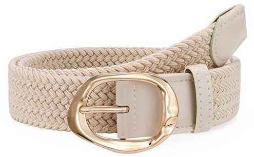 JASGOOD Braided Elastic Belt for Women Stretchy Woven Golf Belt Casual Web Belt for Jeans Pants with Gold Buckle, Beige, Fit Waist Size 26inch-31inch