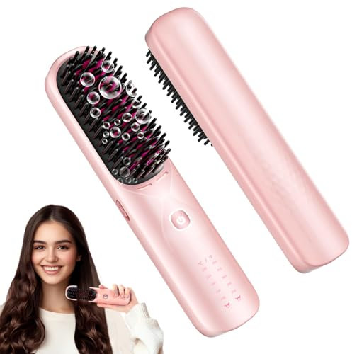 Bopcal Mini Glättbürste - 10000mAh Ionen Haarglätter Bürste Kabellos, Professioneller Verbrühungsschutz Glätteisen Verhindert Haarziehen, Schnellaufheizung, Reise Glättungsbürste mit 6 Temperaturen