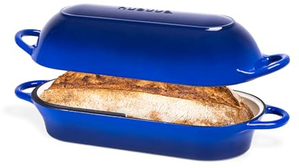 Casserole à pain en fonte émaillée - Cocotte pour la cuisson du pain au levain - Passe au four - Antiadhésive - Rectangulaire - Bleu foncé - 34 x 16 cm Nuovva