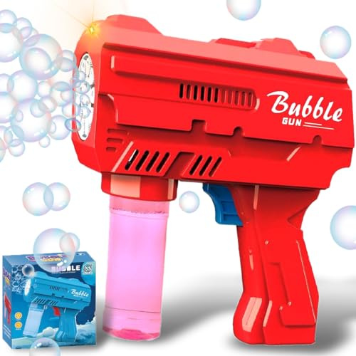 Bubble Gun for Kids 3-8, Automatic Bubble Blaster with LED Light & Refill Solution, Kids Bubble Machine Blower, Outdoor Toy for Birthday Party Wedding Easter Gift (Red)