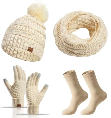 MAZELIKEHOOD Hat Scarf Gloves Set for Women 4Pcs Winter Ladies Warm Knitted Beanie Hat Gloves Socks Scarf Neck Warmer 4 in 1 Cold Weather Set