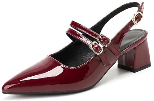 Escarpins Vernis À Bride Arrière 5cm Talon Bloc À Double Boucle Bout Pointé Semelle Antidérapante Noir/Bleu Marine/Bordeaux,Burgundy,44 EU