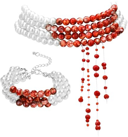Collana Perle Sangue, Collana Sangue Halloween, Collanas Perle Donna, Accessori per Costumi Halloween con Collanas Gocce Sangues Bracciale di Perles per Carnevale, Mascherata (A)