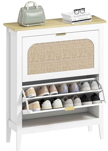HOMCOM Zapatero Estrecho con 2 Puertas de Ratán 80x24x95,5 cm Blanco