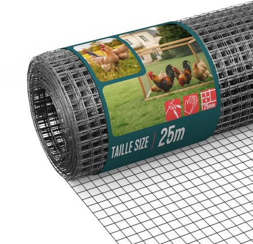 VOUNOT® PVC Coated Welded Wire Mesh Roll 1 x 25m, 25mm Mesh, 1mm Wire Thickness, Metal Garden Fencing for Small Animals, Poultry, Chicken Coop, Grey