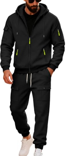 Genérico Ensemble de Survêtement pour Homme - Veste avec Capuche et Pantalon de Sport en Coton - Vêtement de Gym, Chaud, Respirant - Costume pour la Maison, Noir , XXL