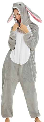 Generisch Mono para mujer, mono de conejo, pijamas con capucha, ropa de dormir cómoda para invierno, mono de franela para animales, forro polar, mullido, fiesta de pijama de una pieza, gris oscuro, S