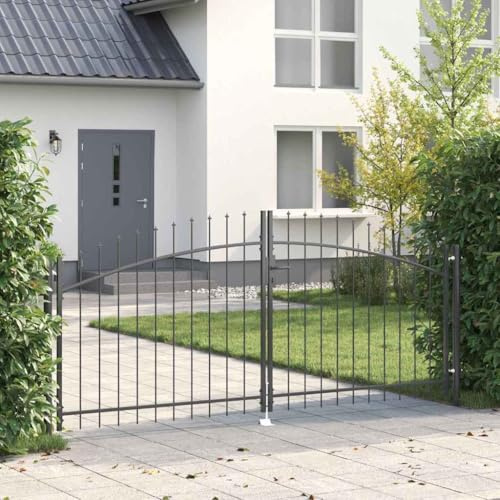 LoogCape Double Gate Steel Grey Weatherproof Lockable 299.5 x 199.5 cm with Lock for Garden Fence Driveway Robust Swing Gate with Grid Design