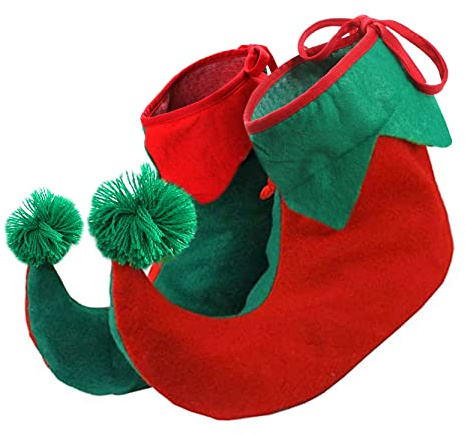Elf Shoes – Red and Green Elf Boots With Stuffed Curled Toes – Christmas Fancy Dress Elf Shoe Accessory Santa Little Helper Elves Covers