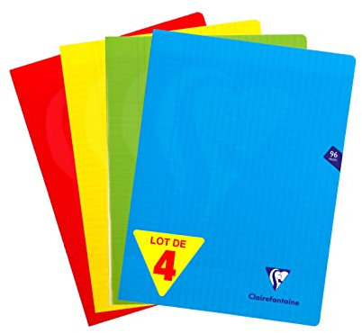 Clairefontaine 293361AMZ Lot de 4 Cahiers Agrafés Mimesys - 24x32 cm - 96 Pages Grands Carreaux - Papier Blanc 90 g - Couvertures Polypro Couleurs Assorties (Bleu, Rouge, Jaune et Vert)