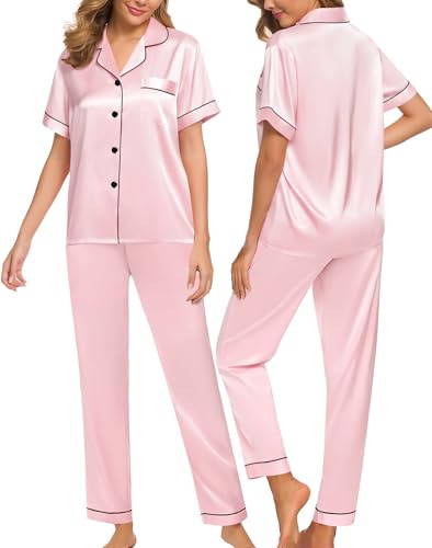 SWOMOG Women Satin Pajamas Set Short Sleeve Top & Pants Sleepwear Silky Button Down Nightwear 2pcs Loungewear Pjs Set Pink Medium