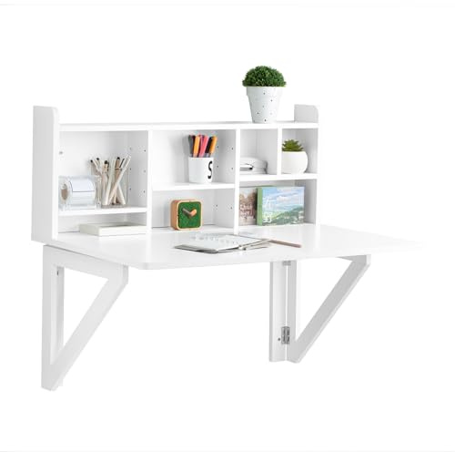 SoBuy Mesa Plegable de Pared con estantería, Mesa de Cocina Plegable Auxiliar, Mesa Comedor Blanca para Cocina pequeña, Mesa de Pared abatible 90x60 cm, 90x78x60 cm FWT07-II-W