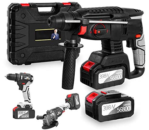 Kit De Herramientas Eléctricas 3 En 1, Martillo+Llave De Impacto Inalámbrica+Amoladora Angular Eléctrica, Taladro Inalámbrico con Mango De Agarre Ajustable, con 2 Baterías para Perforar Madera, Rompe
