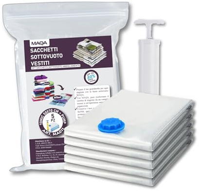 5 Sacchetti Sottovuoto Vestiti + Pompa a Vuoto, MISURA: 50x70cm - OTTIMI PER CAMBIO STAGIONE, Buste Sottovuoto Riutilizzabili per Coperte, Piumoni, Cuscini, Lenzuola, Vestiti