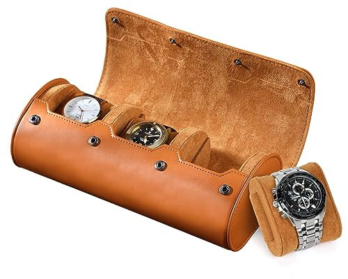 BAIGIO Scatola per Orologio Cilindrico Cofanetti Orologi Pelle Porta Orologi da Viaggio per 3 Orologi Organizer per Orologi Cofanetto per Orologi Espositore da Polso (Marrone-3 Orologi)