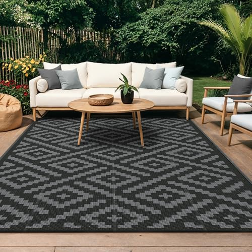 GENIMO Outdoor Rug Garden Rugs Waterproof Reversible Recycled Outdoor Carpet Washable UV Resistant Modern Area Rugs for Patios, Picnic, Backyard, 120 * 180cm, Black & Grey (Polypropylene)