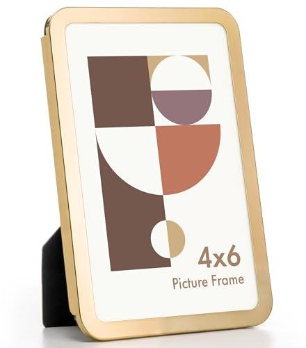 Axeman 4x6 Picture Frame-Metal Rounded Corner Frame 4x6, 4''x6''Photo Frame with Tempered Glass,Tabletop and Wall Display, One-Piece 4 By 6 Metal Picture Frame for images, Gold