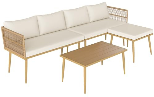 Outsunny Salon de Jardin extérieur en résine tressée 5 Places modulable avec 2 canapés, Pouf et Table Basse, Coussins déhoussables Inclus, mobilier de Jardin pour Balcon terrasse véranda, crème