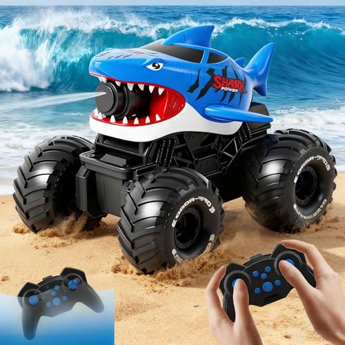 HUAJUN Amphibie fjärrstyrd bil, 4WD 360°Rotation 2,4 GHz, RC, vattentät terrängbil med sprayvatten, uppladdningsbar fjärrstyrd amfibiebil för present, barn, 7 år, pojke
