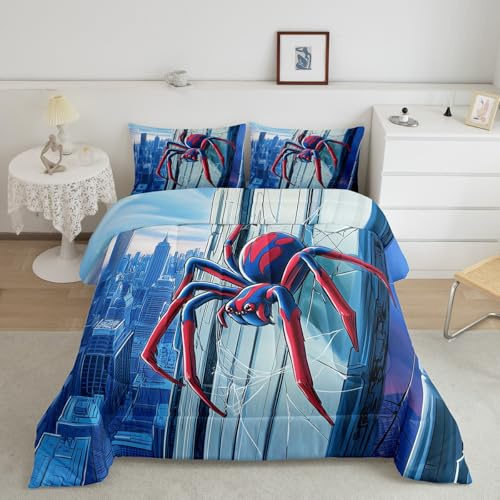 3D Spider Kids Comforter Set Double Size,Blue City Building Bedding Sets 3Pcs for Boys Teens Men Room Decor,Hero Theme Down Comforter Modern Cool Duvet Insert,2 Pillowcases