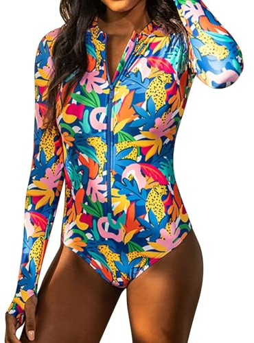 Bañador Deportivo Estampado de Manga Larga Traje Baño de una Pieza Bañadores Cortos Bañador Mujer con Cuello en U con Cremallera Delantera Bañadores Cortos Informales para la Playa y Pool (Blue, S)