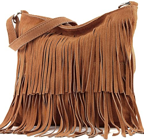 modamoda de T125 Borsa a tracolla da donna in pelle scamosciata made in Italy, marrone cioccolato, m