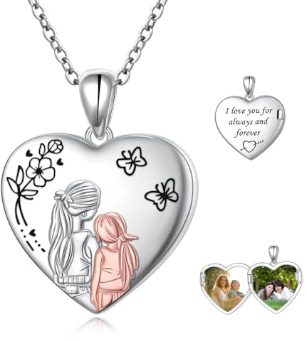 Flyow Collier médaillon en argent sterling 925 - Pendentif photo en forme de cœur avec espace pour 2 photos - Cadeau pour maman