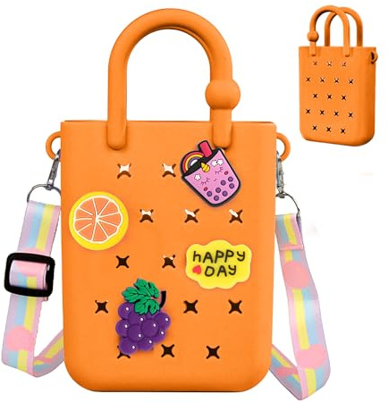 Oudizz Mini borsa tote in gomma, borsa da spiaggia in silicone per bambina e donna, borsa carina con 20 charms e tracolla regolabile (arancione)
