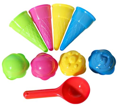 Juego de 9 Juguetes de Playa de plástico para Jugar con Helados. Incluye Conos de Helado, Pala y Tapa. Juego de Helados de Juguete para niños pequeños. Juguetes de Arena de Colores aleatorios. Ju
