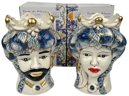 Coppia teste di moro regina e re in ceramica decorata stile siciliano vasi moderni gic (FOGLIE, 14 X 13 X 18 CM)
