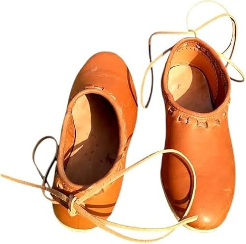 Handcrafted Leather Ballet Flats, Tan Brown, Lace-up Design, Traditional Roman Pattern, Indoor Outdoor Footwear (10)