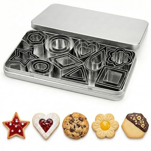 30 Pcs Mini Cookie Cutters Set, Stainless Steel Small Geometric Biscuit Cutters for Baking, Pastry, Fondant & Polymer Clay - Metal Star, Heart, Flower, Round & Square Shape Moulds