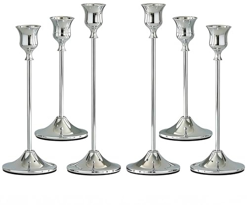 VELAJA Juego de 6 Candelabros Plateados, 3 Tamaños (17/20/23 cm), Portavelas Vintage para Decoración de Mesa, Bodas, Fiestas, Cenas, Chimenea y Hogar