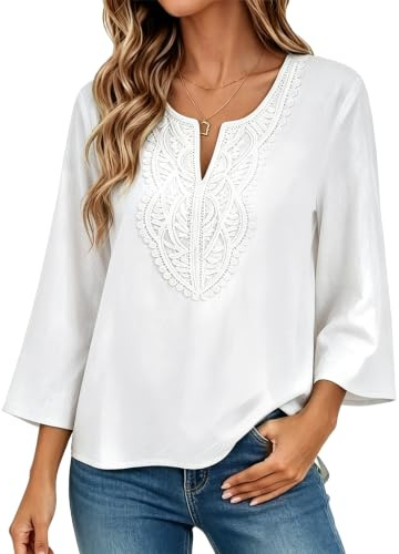HOTIAN Chemisier à manches longues pour femme - Style bohème - Manches 3/4 - Élégant - Col en V - En lin - Printemps - Automne - Haut ample - Tenue décontractée